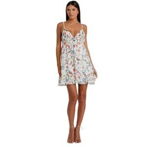 Mac Duggal Size 6 NEW Style 70197 White Butterfly Print Ruffle Hem Mini Dress